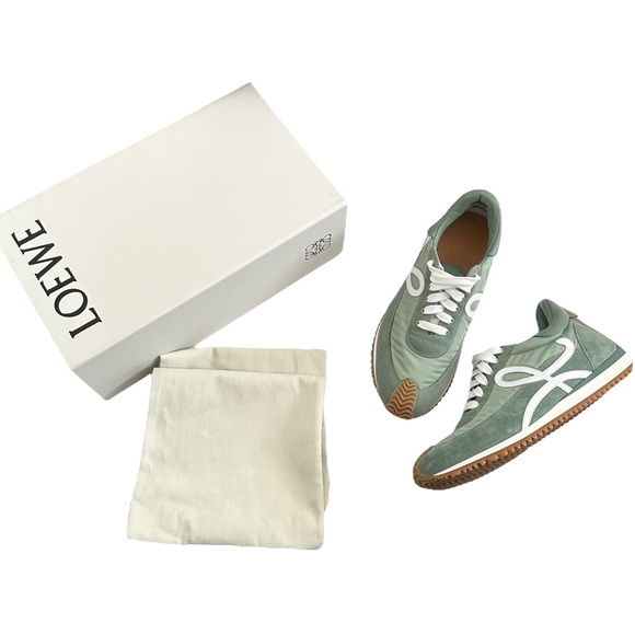 Loewe Women's Flow Logo Leather Trim Suede Sneaker - Pistachio Green 40 EU 10 US - Picture 1 of 15